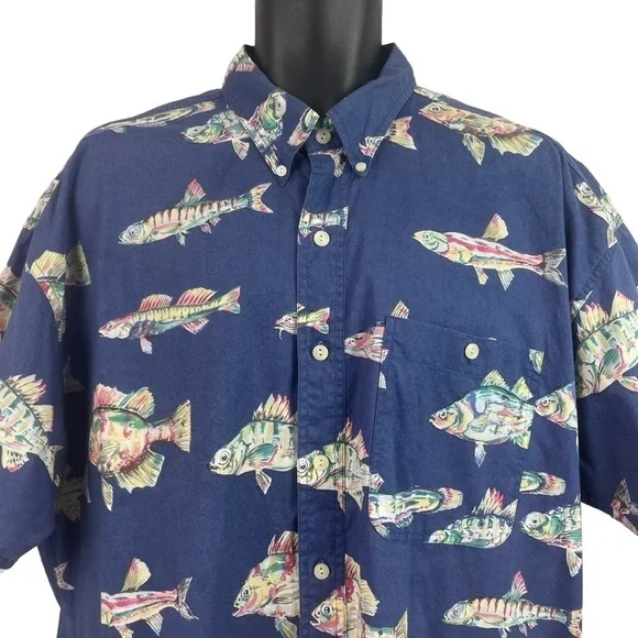 Chaps Ralph Lauren Short Sleeve Shirt All Over Fish Print Blue XL Vintage - Picture 2 of 7